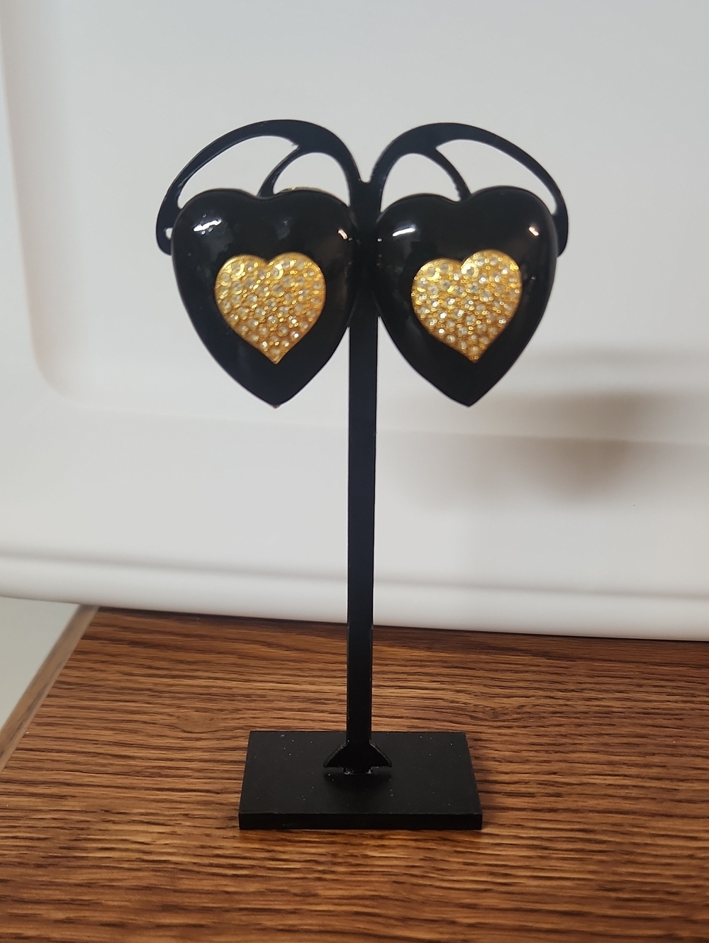 Black And Gold Crystal Heart Drop Earrings